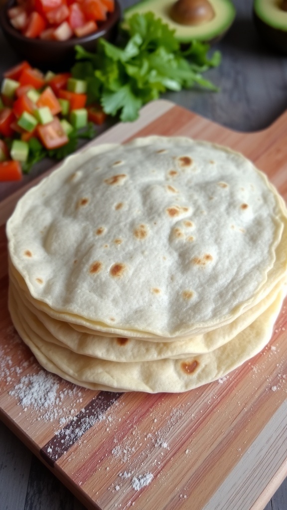 A stack of warm homemade tortillas on a wooden board with fresh ingredients for tacos.